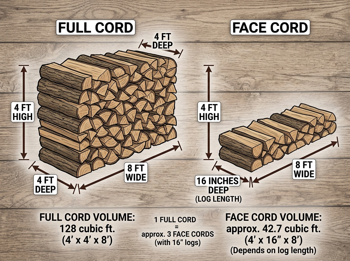 Firewood cord dimensions diagram showing 4x4x8 measurements